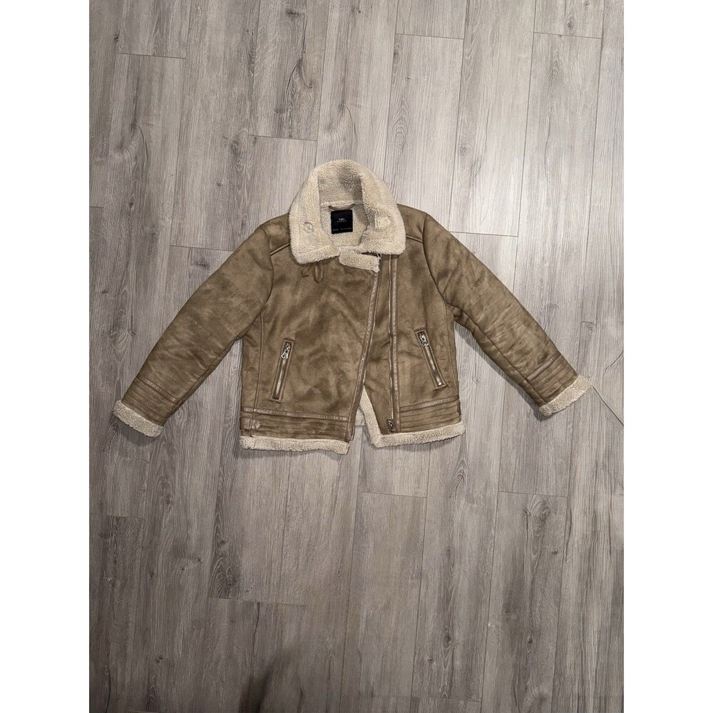 ZARA Faux Shearling Aviator Jacket – Brown Suede Biker Coat- Size XL